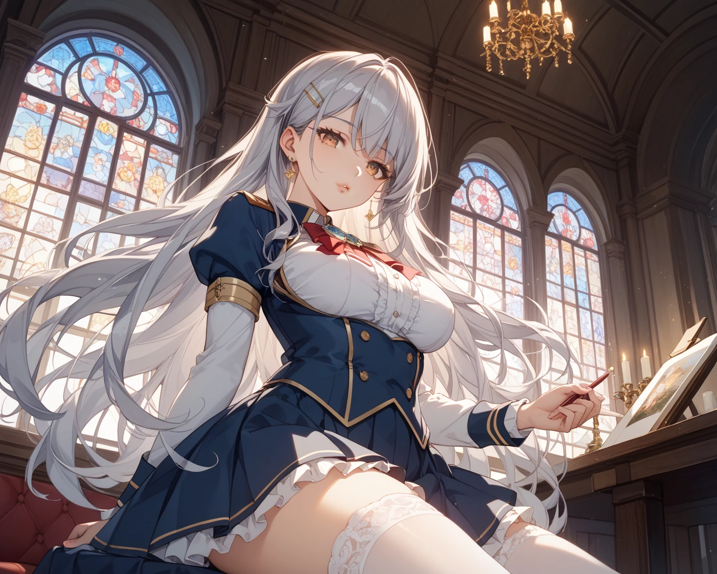 lighting like a movie、top-quality、Church priests、(thighs thighs thighs thighs:1.3)、embarrassed from、White panties、squatting and spread legs、Wearing sweat、