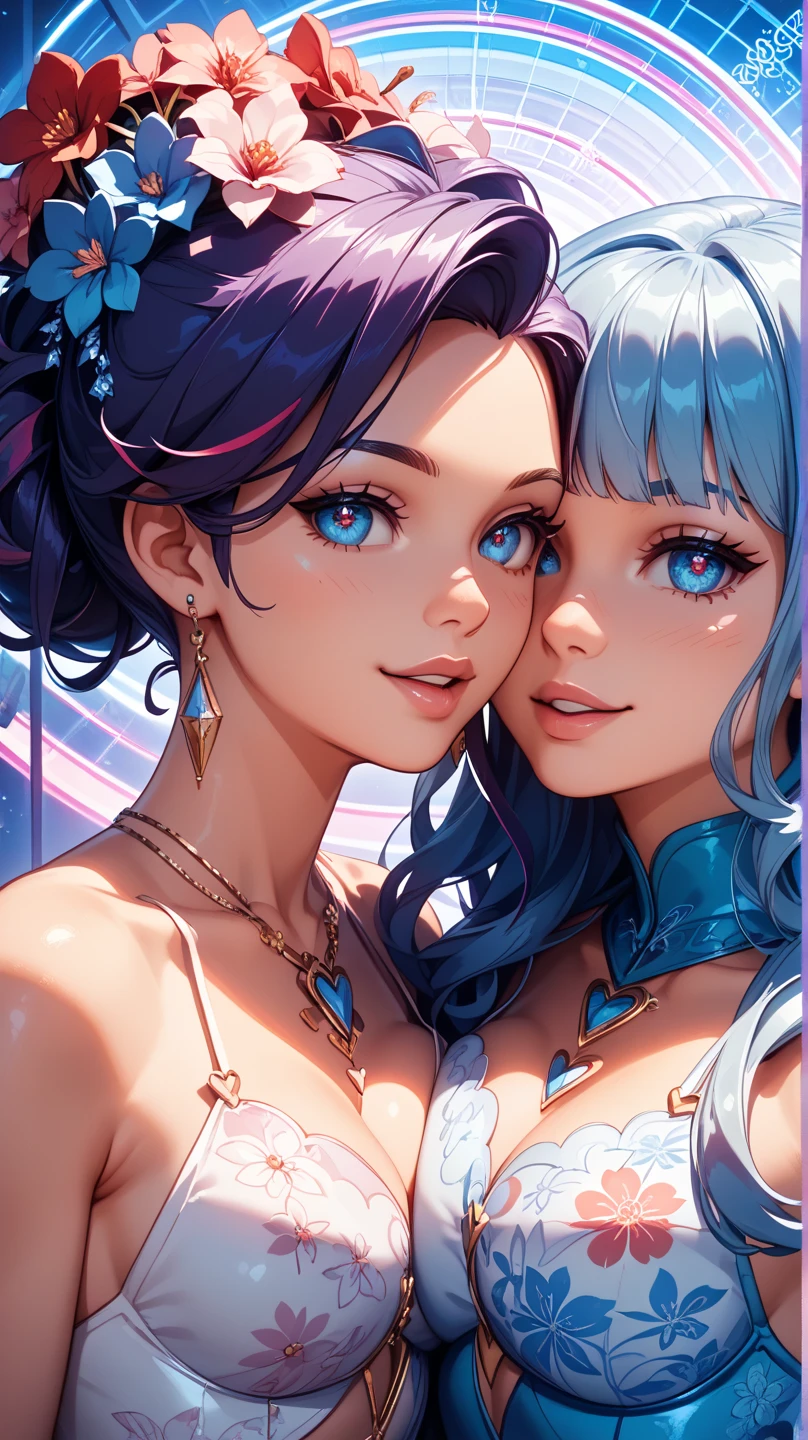 (((1 woman)))、(highest resolution、clear_image) best quality、(((pop)))、1990s、((colorful background))、((illuminate))、very detailed、semi-realistic、sky blue hair、((hairstyle I made、laughter、bangs、20-year-old、young、(completely nude)、small breasts、delicate facial features facial features、((fine eyes))