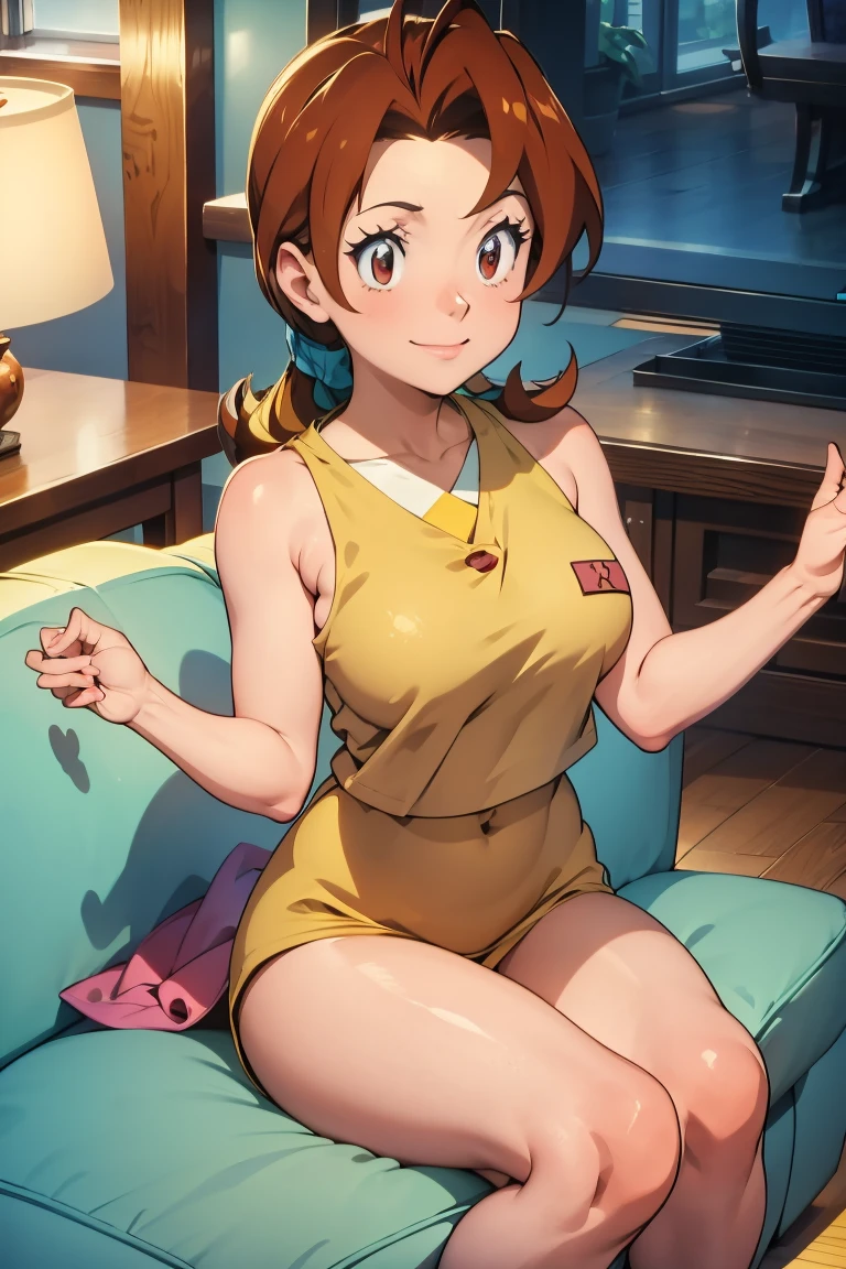 Delia Ketchum, charming，Red face，Protruding saliva，(((Cleavage))))Sitting on the sofa, Perfect fingers,