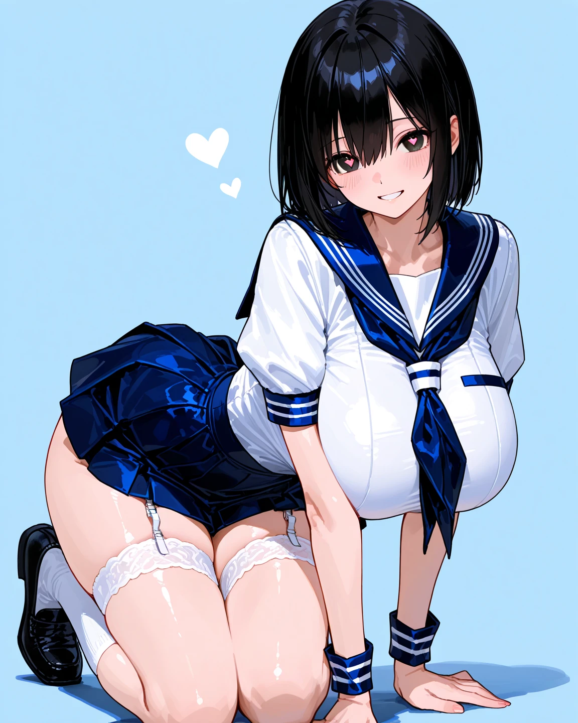 (masterpiece, best quality:1.2), front shot, 1girl, kawaii, (super big breasts, micro waist, very long legs:1.4), Black hair, (medium hair), short height, scrawny and thin body, tiny cute beautiful face, overjoyed, serafuku, pigeon-toed, wet and sweaty, big visible ribs, sex with ejaculating super big penis ugly man, Cowgirl position, V sign, Trembling, Realistic