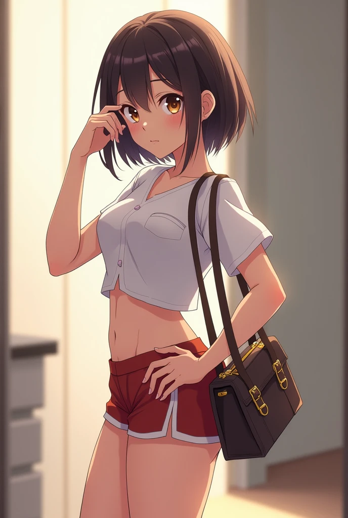 Short hair girl、At work, carrying a baggage in both hands、Red bikini top and denim shorts bottom、Big Breasts、Shy smile、Fair skin、Cute Japanese