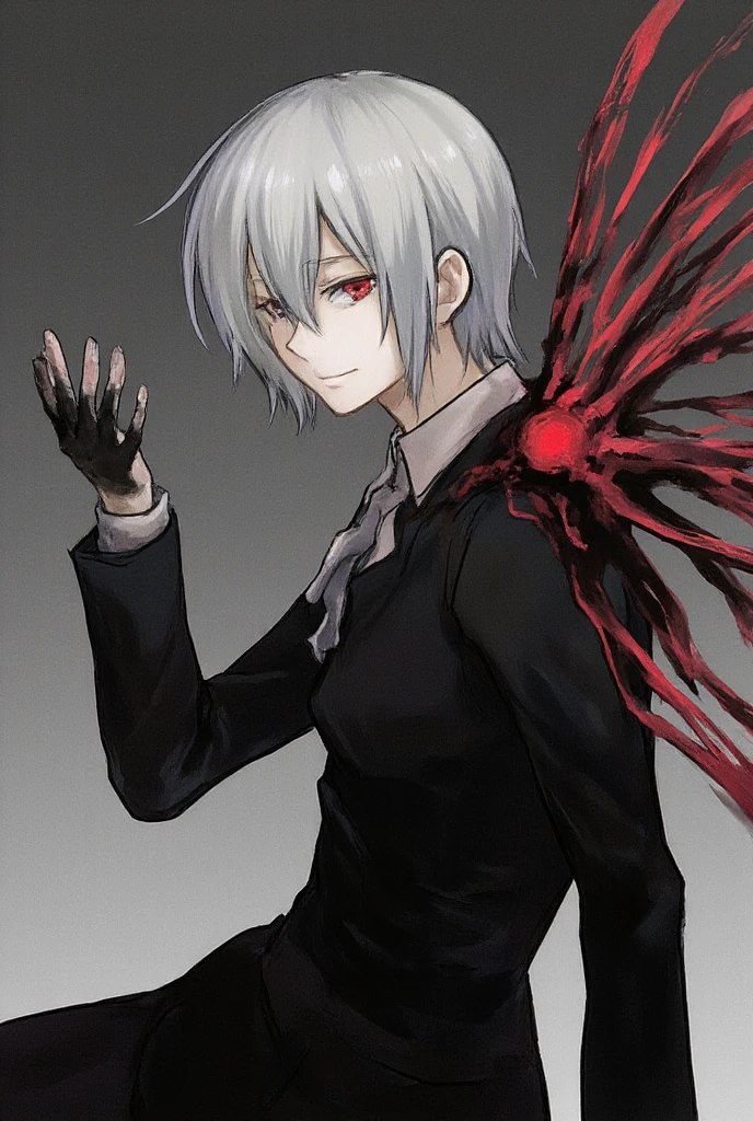 Do you have an OC of the male gender of Tokyo Ghoul. with black nails and white hair to the wacky, Clothes like Kaneki Ken, a black sleeve on the left arm, white skin, male body, And he is pulling out some red and black tentacles from his back and that he is in a place ready to fight