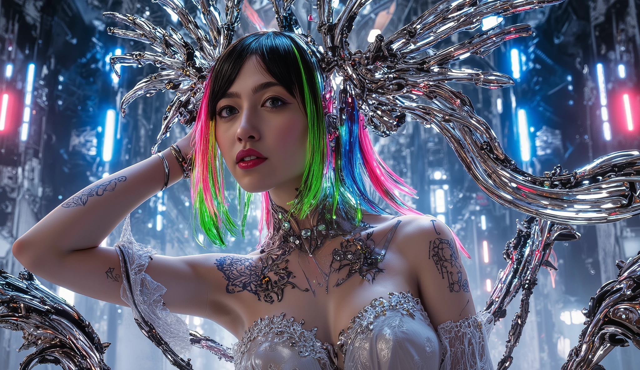Attractive screen with shining decorations ,depict Taiwanese women on an impressive cyberpunk-style setting with sparkling decorations。 Meticulously drawn digital painting,Vibrant neon lights and futuristic elements。 The woman exudes a mysterious and elegant atmosphere,colorful hair,Metallic Ornaments。 Elegant clothes,With shining decorations,Shining tattoos and mechanical augmentations。 Vibrant futuristic city background,Holographic displays and cutting edge technology。