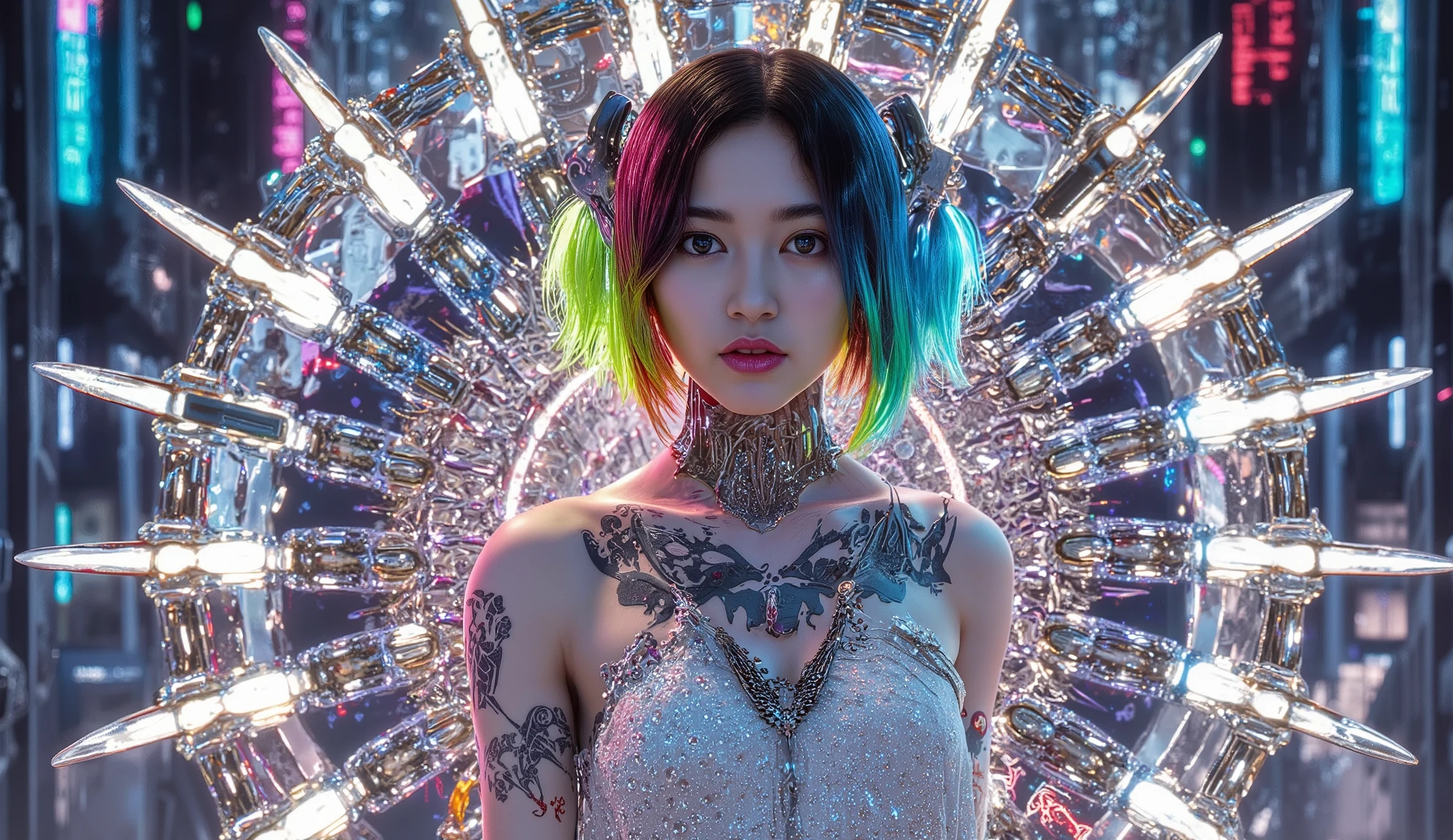 Attractive screen with shining decorations ,depict Taiwanese women on an impressive cyberpunk-style setting with sparkling decorations。 Meticulously drawn digital painting,Vibrant neon lights and futuristic elements。 The woman exudes a mysterious and elegant atmosphere,colorful hair,Metallic Ornaments。 Elegant clothes,With shining decorations,Shining tattoos and mechanical augmentations。 Vibrant futuristic city background,Holographic displays and cutting edge technology。