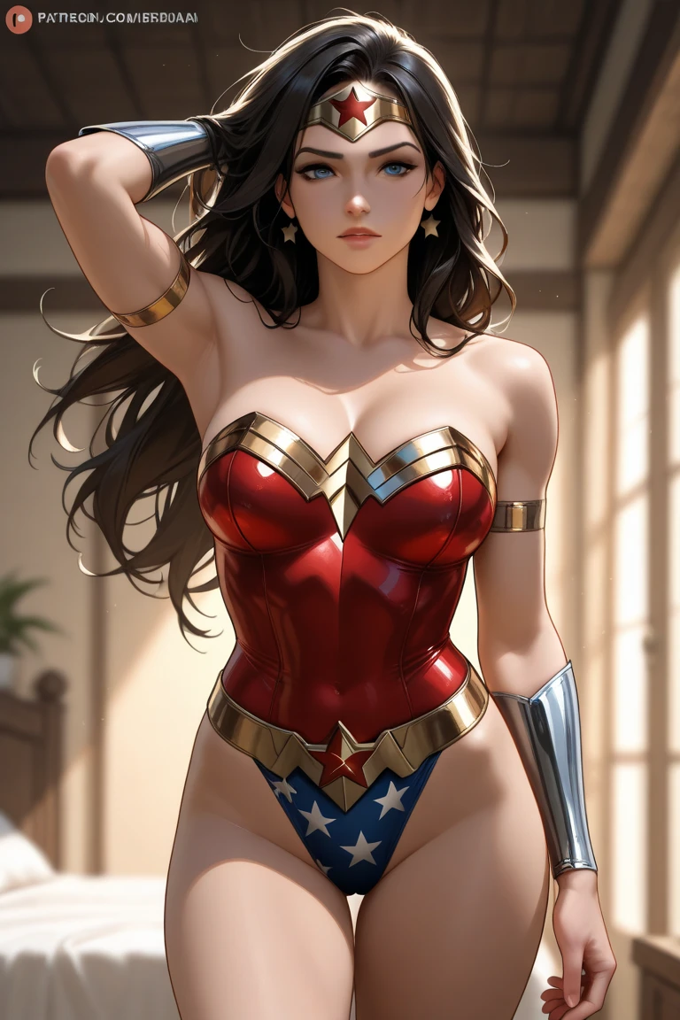 (La mejor calidad,A high resolution,Ultra - detallado,actual), Wonder woman ，adolescente，pelo negro，delgado，estatura muy baja，extremidades muy delgadas，very small butt,，(kids print panties)，(Cambio de ropa)，sonrisa，divertido, Gran angular, colores brillantes，acuarela，Precise and detailed wet pussy、(background alley walls big stones night:1.4) ,( ciberpunk 2.1), (dedos detailed :1.4), (vestuario wonder woman kawaii :1.4), (hermosos ojos azules), (perfect anatomy), More detailed 8K.motor irreal:1.4,UHD,La mejor calidad:1.4, fotorrealista:1.4, textura de la piel:1.4, obra maestra:1.8,obra-prima, mejor calidad,objeto Objeto], (detailed face features:1.3),(Las proporciones correctas),  (pose vaquero)