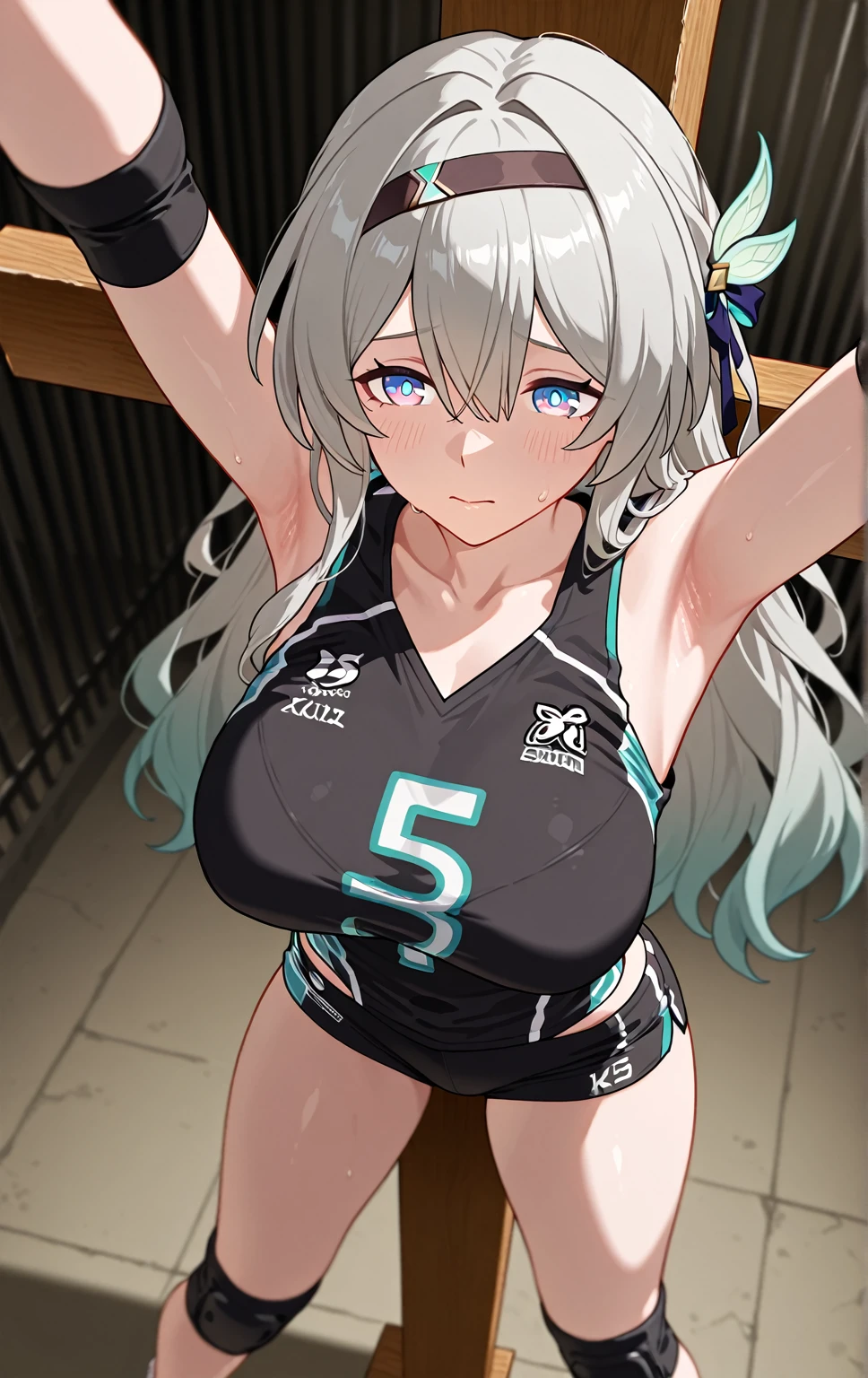fantasy, warrior oneesama, ecchi MILF idol, (completely torn armor style leotard:1.5), girl lying on the ground, Spotlight, {{Huge breasts}}, humiliated, Shameful, , embarrassed,( surprised:1.3), a large amount of scraps of cloth are scattered, tears:0.9,