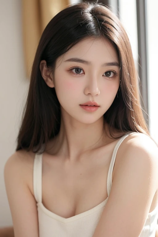 ((Best image quality)、Korean 20 years old, The penthouse of the world's tallest building,NFSW, high resolution, Natural and smooth implementation, head and body balance、perfect body beauty:1.4、slim、thin legs、((dark brown hair、very :1.2)), , very 상세한 얼굴 및 피부 질감、eye for detail、shy smile、with legs spread、naked , lighting areola、Aiming to become an idol、top quality、reality、 exposed groin、cute 외모、angle from front、small ass、K-pop makeup、thin waist, White and clear skin, cute, Narrow pelvis, Slander type, Popular hairstyles for long hair, skinny body type, young body type, Small pelvis, small shoulder, underboob,