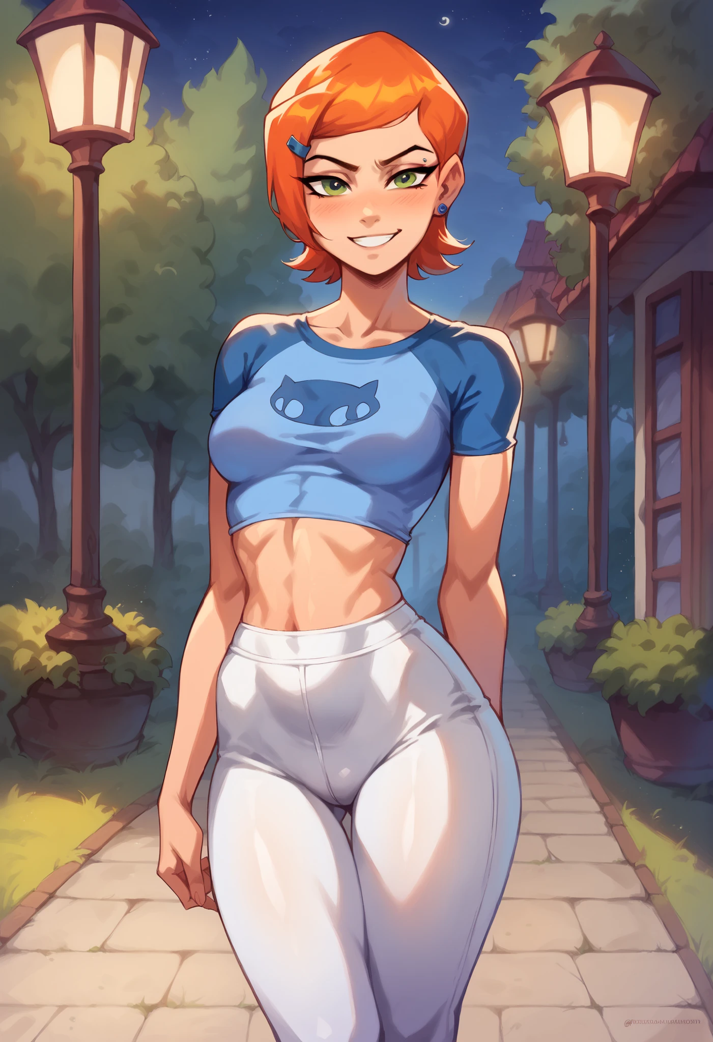 Gwen Tennyson from Ben 10, erotic, R34, sexy pose, horny, 1 girl, night, outside, fire increase light,was light, stripteasing, tight pants, detailed image, detailed face, good quality,