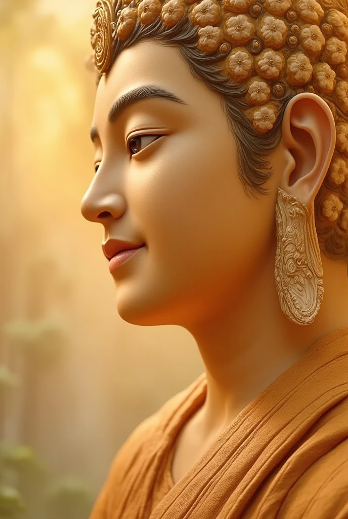 ရွှေရောင်တောက်ပနေသော မြန်မာ manly peaceful face of buddha blessing closed up tilt shot ears details