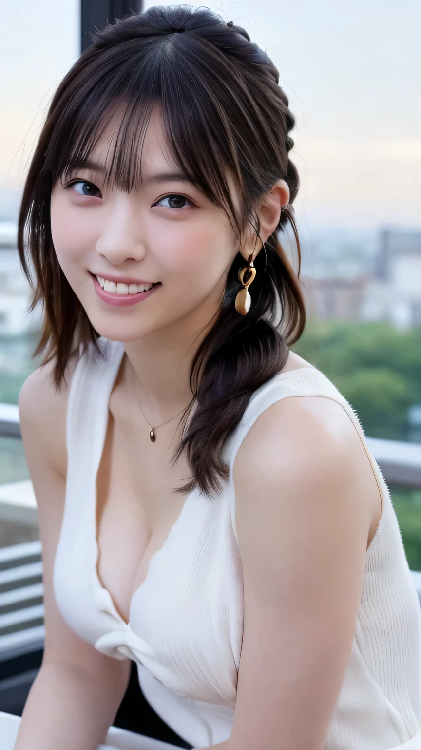 1 Japanese beauty , depth off field, first-person view, f/1.8, 135mm, Nikon, 超high definition, retina, masterpiece, accurate, anatomically correct, textured skin,Very white skin、 clear skin 、 Super Detail, high detail, high quality, Best Quality, high definition, 1080P, high definition, 8k, (big boob:1.2), (deep cleavage:1.2)、Japanese beauty 1 person, (Big round eyes:1.4)、iris heterochromia、Dolly Make、round face、She is smiling very happily、INSANELY BEST SMILE、is smiling with her mouth open、Her front teeth are neatly arranged、(Braided Top Knot,twisted side part ponytail、Braided Headband,half up、Braided Space Bun,voluminous fishtail braid,Twisty Bang)、(She's wearing a peplum(White))、Her chest is wide open and looks awesome、Her clothes are so thin that you can see through her cute nipples、office at sunset、She is sitting in a window seat、I can see a skyscraper city out the window