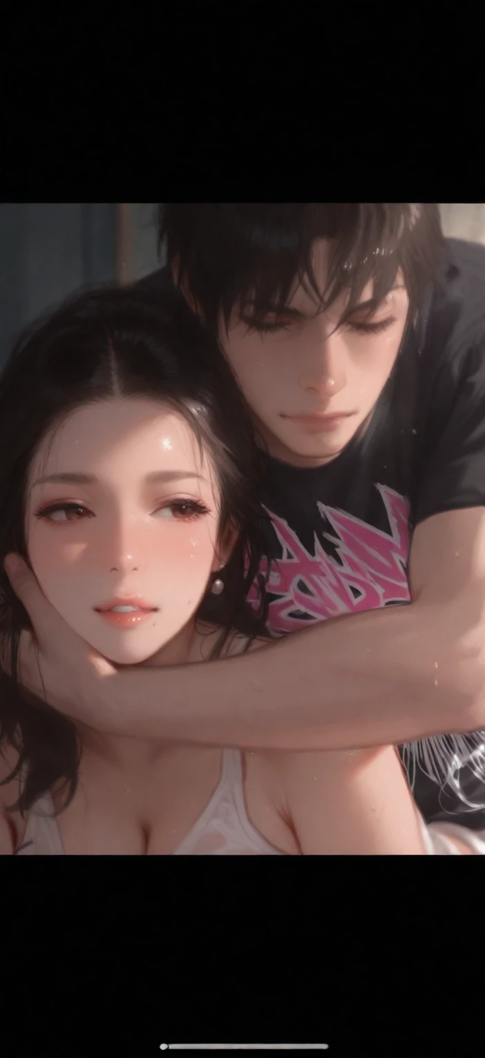high quality, detailed, Realistic, (one 16 years old japanese boy), (detailed black eyes), (abs:1.5), (shiny skin), detailed nipples, black hair, (black tiny thong), (erected bulge), summer noon, (smile:0.7), close up face, laying, kiss,
