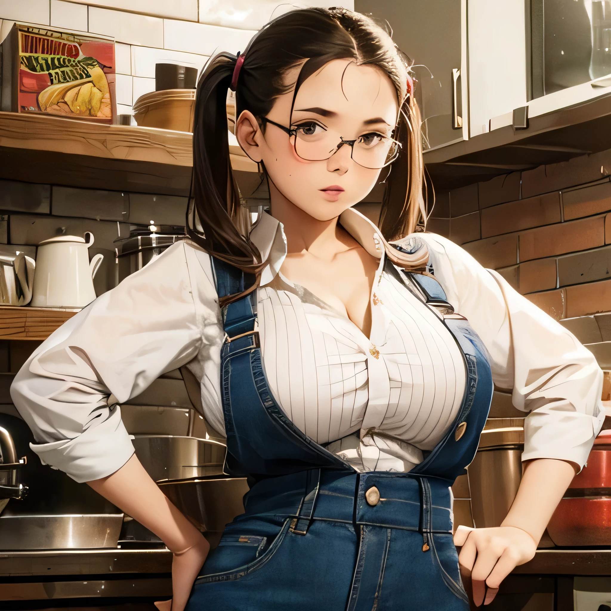 (best quality, masterpiece), 45yo beautiful milf,glasses,denim overalls,naked,side undercut hair,single bun hair,sneaker,(heavy makeup),(wrinkle),muscle,huge sagging breasts,necklace,in campground,hugging a ,smirk,absurdres