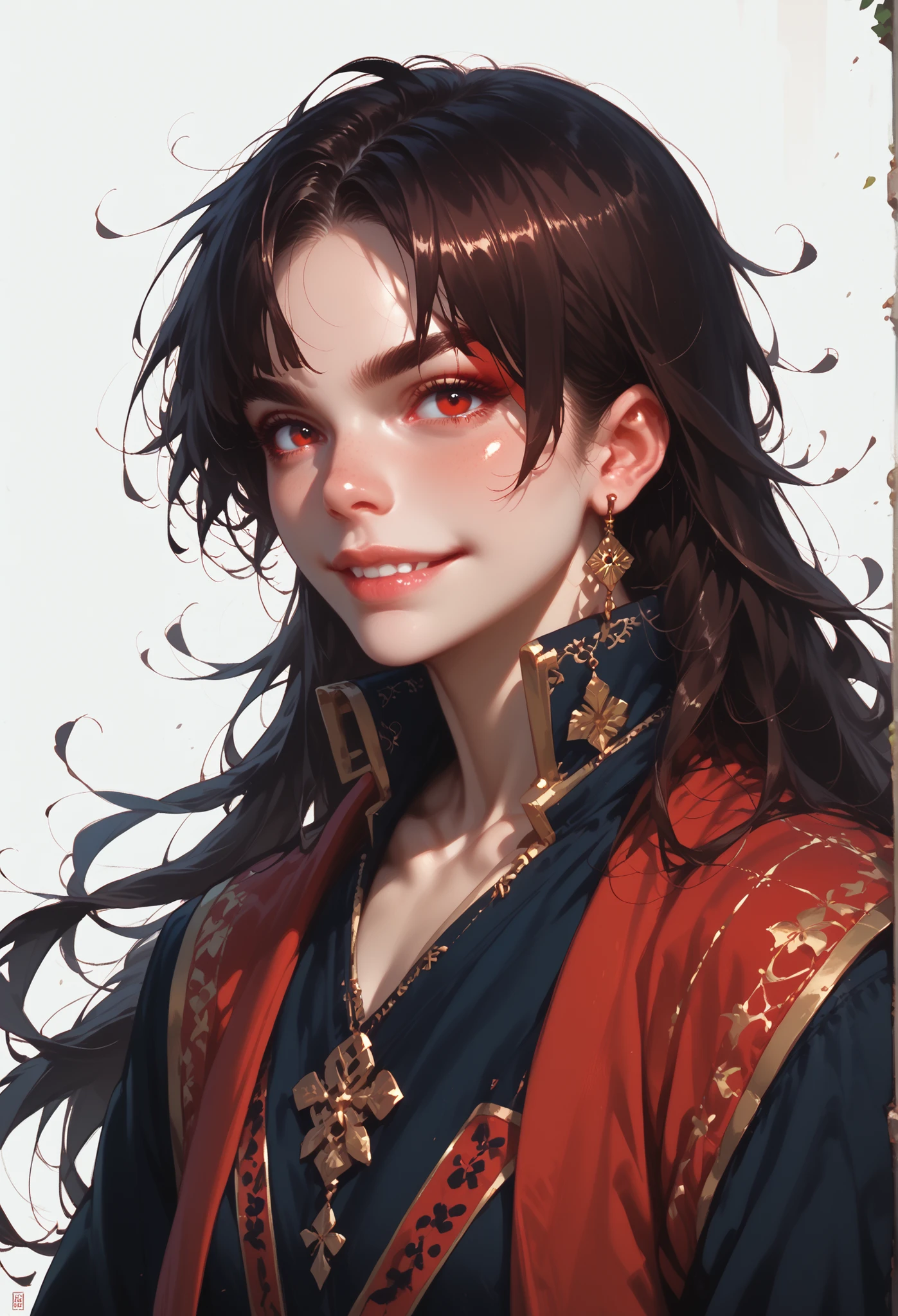 female, red eyes, black eyes, muscular body, tough shoulders, playful expression, thin brows, faint playful smile
