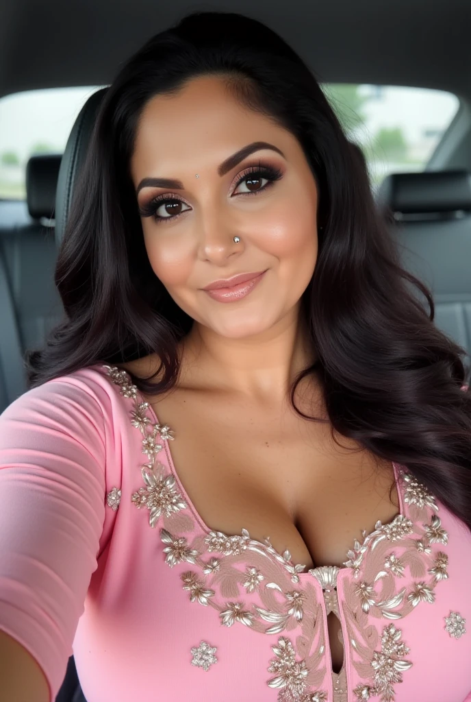 Instagram photo, 45 years old girl named reema khan, wearing satin nightgown, closeup selfie taken on iphone 15, curvy, seductive face, bedroom, without makeup