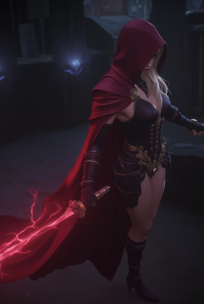 Alafid woman in costume standing in front of stone structure, long blonde hair,Female succubus, female vampire, busty witch, 性感妩媚female vampire, black bikini。black gloves,Heavy makeup,Big chest。Fierce expression。