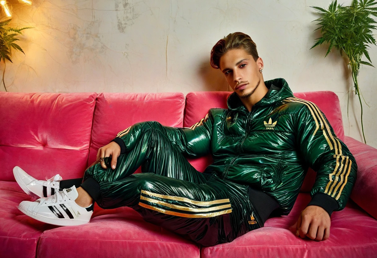 1 skinny rich really older groomed maked up man, undercut blond hair, extremely massive big siliconed lips, tanned, in white 'Chanel' bomber jacket, white tight shiny latex 'Fagboy' shorts, white 'Hermès' socks, white fashion Prada loafers, gold and diamond rings, necklaces, bracelets and chains, extremely long golden nails, and one cute taller brown poor chav guy in green adidas trackies and tattered Nike airmax, sitting on bed, palace hotel luxurious bedroom