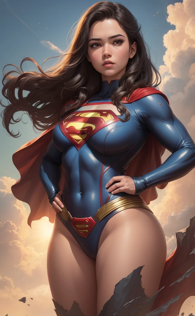 a sexy supergirl, detailed face, beautiful eyes, long eyelashes, full lips, flawless skin, large breasts, slim waist, curvy hips, tight bodysuit, thigh high boots, dynamic pose, glowing energy aura, cinematic lighting, vibrant colors, photorealistic, intricate details, 8k, high quality