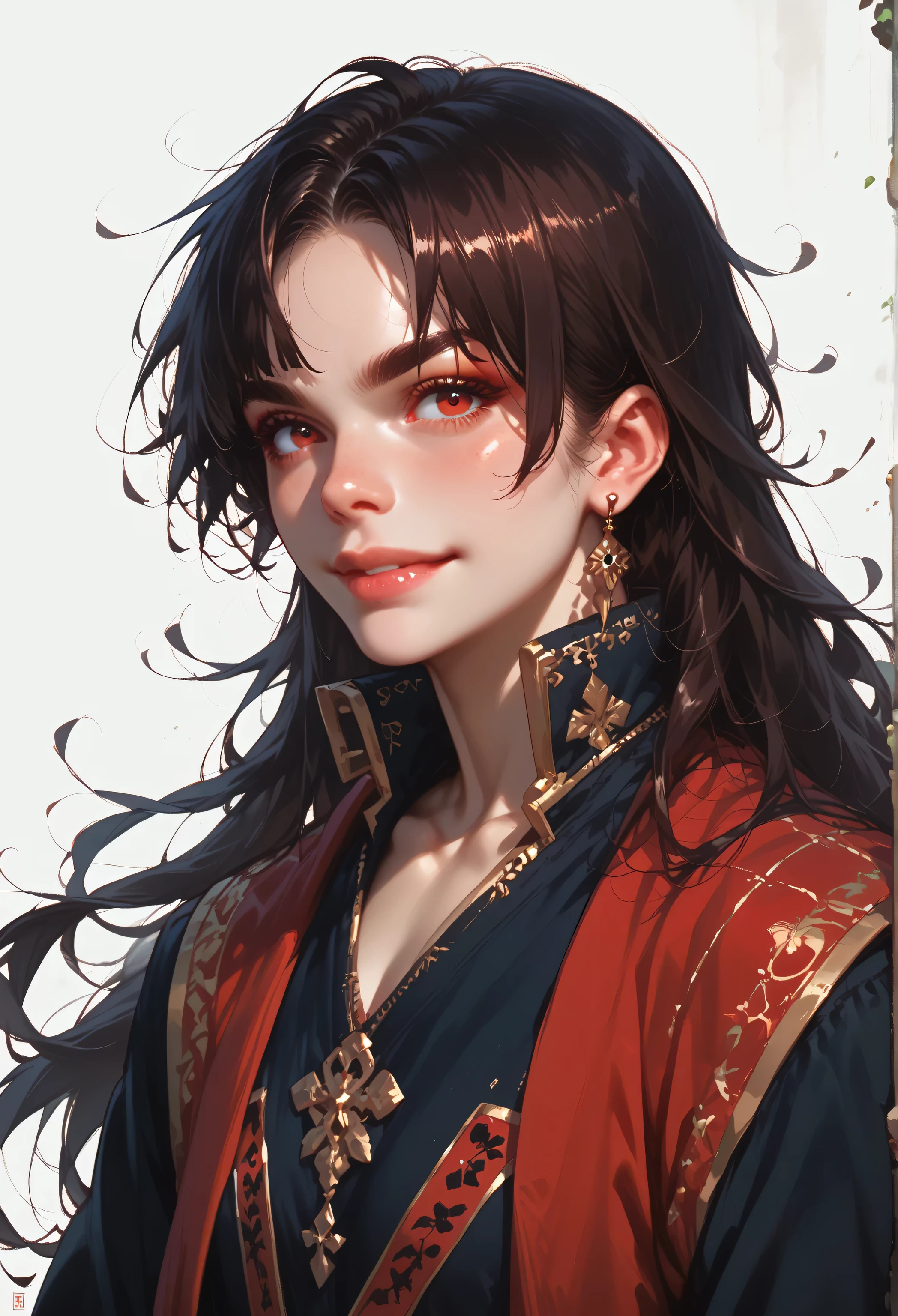 female, red eyes, black eyes, muscular body, tough shoulders, playful expression, thin brows, faint playful smile