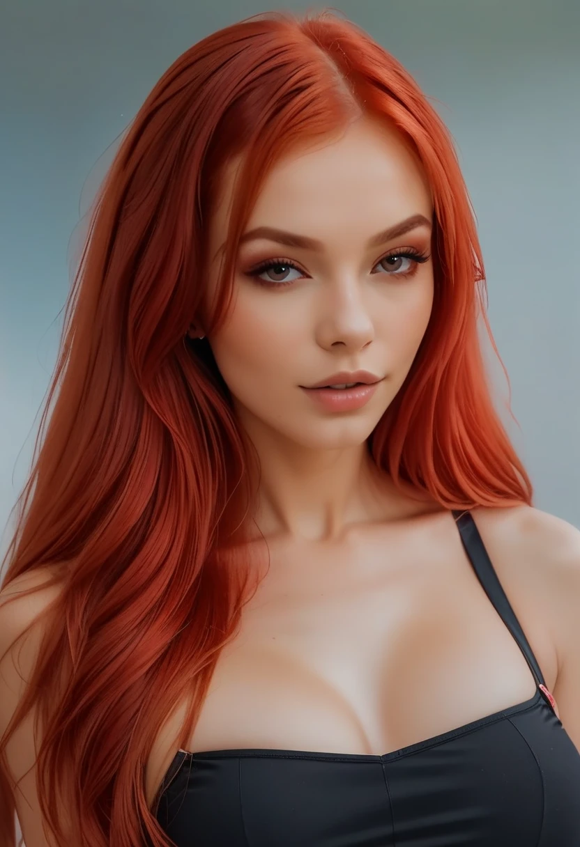 Curvy, long red hair, green eyes, sensual makeup, revealing clothing, bold, flirtatiou, miling, full color, real  18 years old, 4k, portrait shot close, Hair: Long red Eyes: Green Makeup: Sensual, with emphasis on smoky eyes and red lips Build: Curvy Style: Revealing and bold