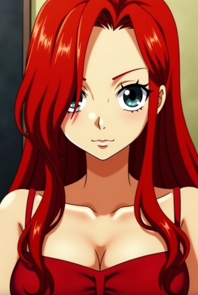 one piece screenshot, 1 woman, green and slanted eyes, with long eyelashes, thin face and white skin, small nose, pink lips, by the wide, straight red, with a good body, In the background is a forest, with a smiling expression, one piece animation style
