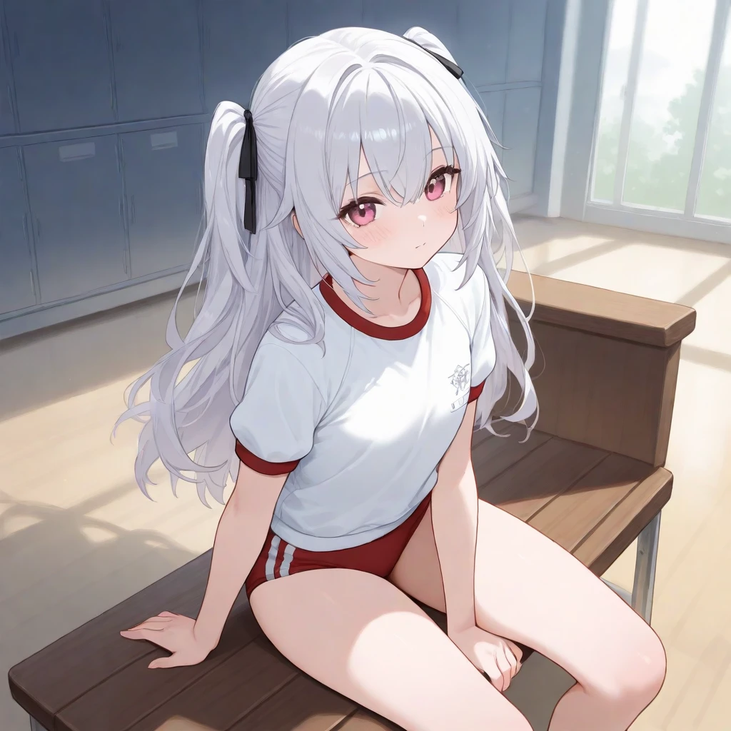 score_9, score_8_up, score_7_up, source_anime, masterpiece, absurdres, medium breasts, perfect face, 1girl, cute expression, smiling, looking at viewer, full body, background: bedroom, alisamikhailovna, alisamikhailovna kujou, long hair, bangs, blue eyes, tiara, ahoge, gray hair, red ribbon, red school swimsuit,,