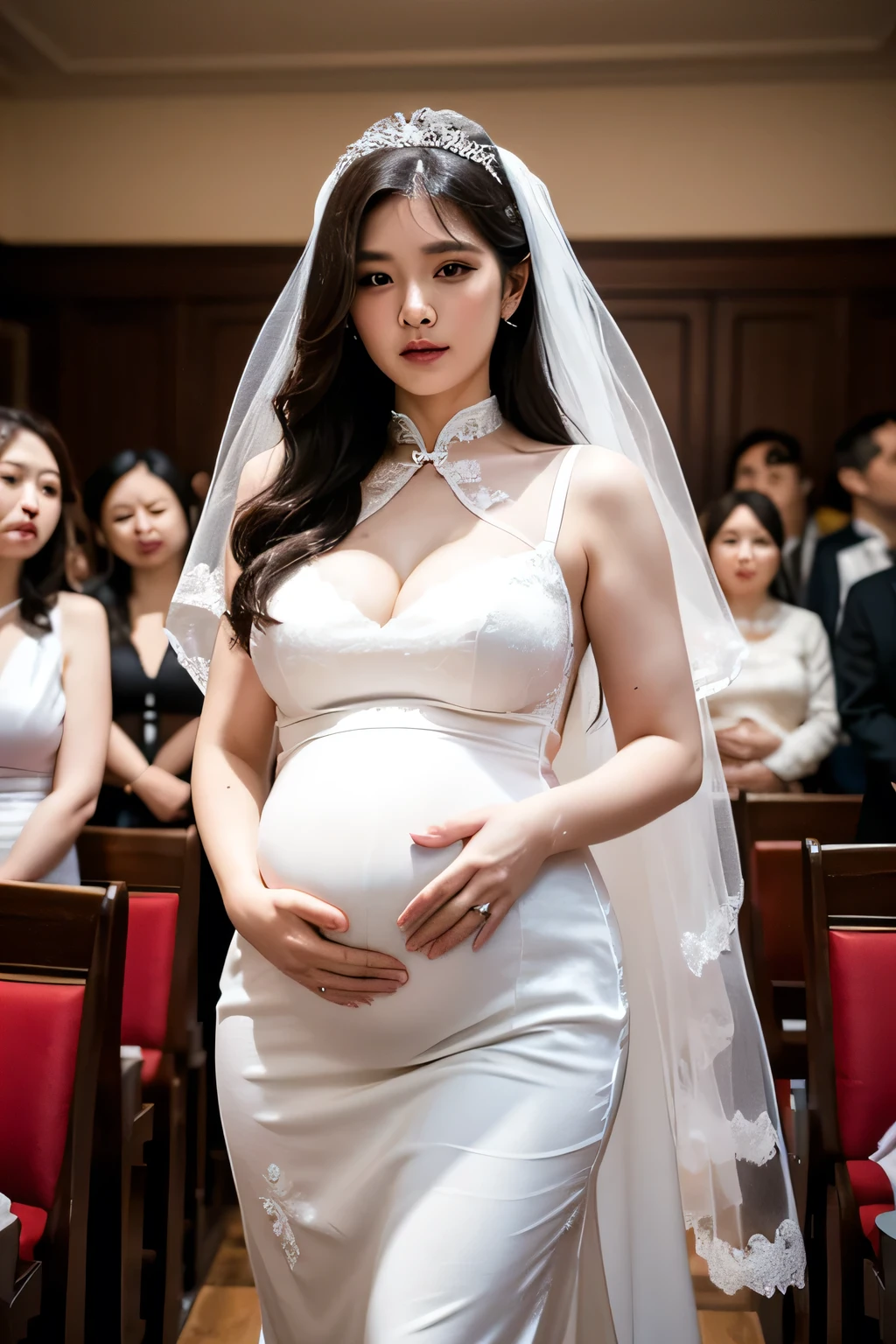 ((highest quality, pieces fly, ultra high resolution、the most complex and detailed depiction))、((pregnant woman)),(Please laugh here,watch here,looking at camera)、the biggest smile when you look at me、(非常にdetailed background, detailed background), Bokeh, ((big and full breasts:1.2)), ((Tense cleavage)),Mermaid Line Wedding Dresses,bridal tiara, show, bridal veil, bridal gauntlet, bridal cascade bouquet, carpet,Upper body, wedding in church, The skirt is round and wide, dynamic angle, Beautiful church, Tinted stained glass windows, vibrant, The thin rays of the sun hit the floor,, in the middle of the room