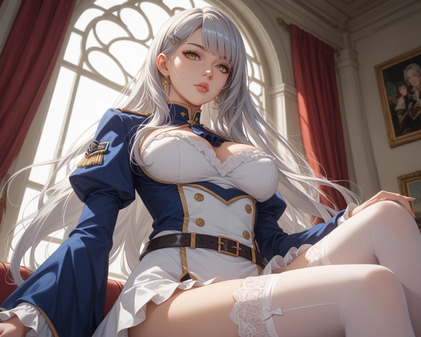 ((masterpiece))、Fantasy look、Historical Photos、Beautiful woman(perfection)、Blonde、Black Hair、White Hair、Long Hair、Straight Hair、Science fantasy uniforms、futuristic 、Open-minded uniform(detailed)、(Vulgar expressions)、High heels、Big Ass、Accentuated hips、Long skirt、Open crotch、Large Breasts、Disheveled uniform、Nasty uniform、Uniform with exposed chest(detailed)、Exposed breasts、Nipples、(桃色のNipples:1.9)、Exposed breasts、20-year-old