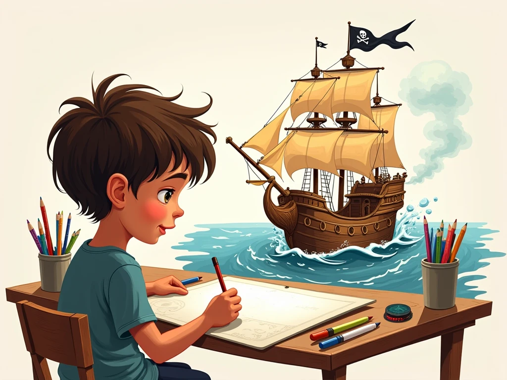 A child is sitting in front of the table with a picture of a stormy pirate ship on the back cover connected to the front cover of a children's picture book on the table.