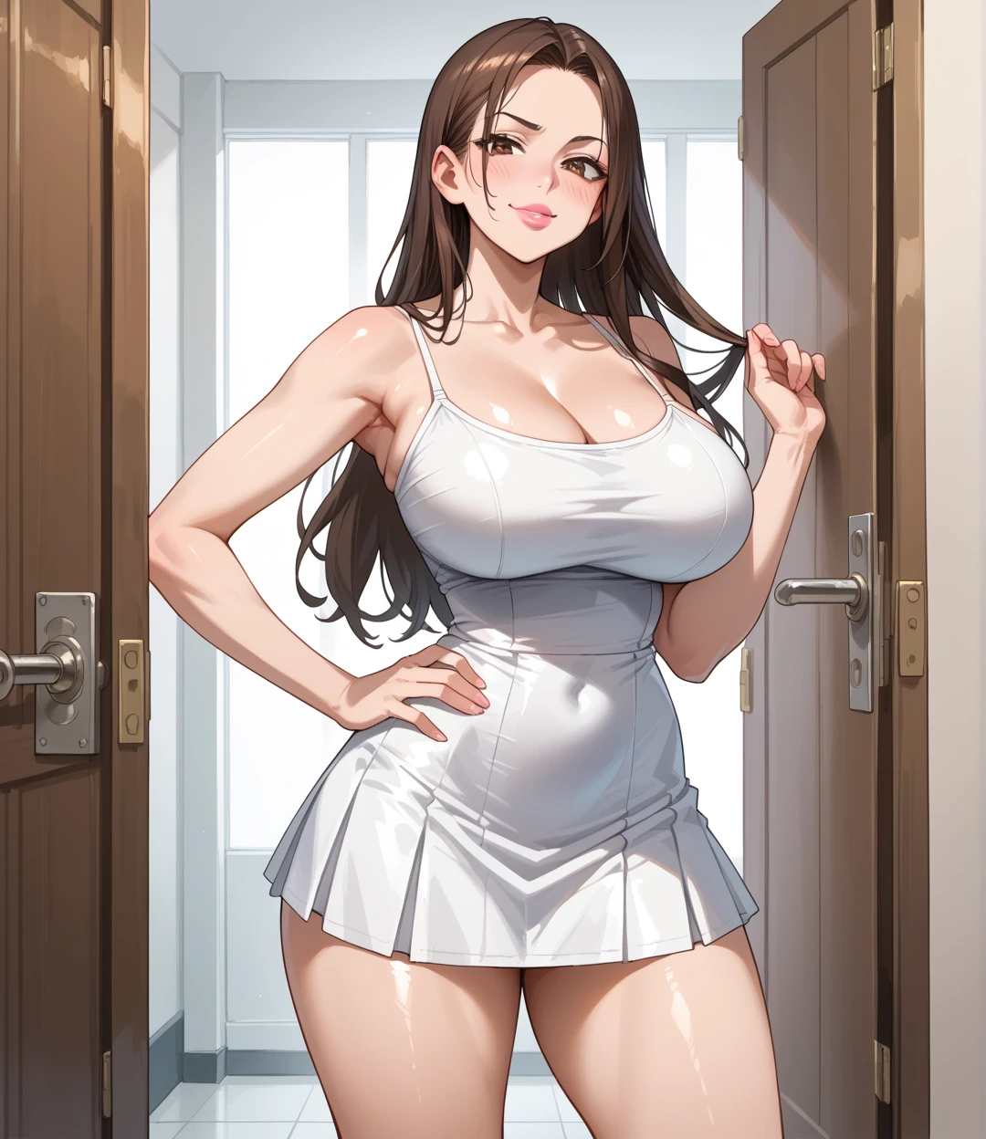 attractive korean woman, ripped muscle, muscular body, small breast, pale skin, bride dress, cross necklace, sixpack abs, [ultra detailed skin:1.2], brown hair, wavy hair, 8k uhd, full body, crowd, public, temple, sitting,