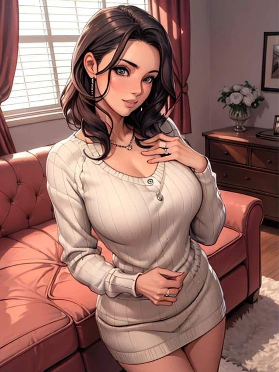 ((Tabletop, highest quality, High resolution, , Perfect Pixel, 4K,))), 1 female teacher, single, alone, beauty、The whole body is visible、 ((Short Wavy Hair, bangs, Brown Hair)), ((Brown eyes, Beautiful eyelashes, Realistic eyes)), ((Detailed face, Blushing:1.2)), ((Smooth texture:0.75, Realistic texture:0.65, Realistic:1.1, Anime CG Style)), Medium Chest, Dynamic Angle, Perfect body, (( , , Light beige off-shoulder sweater 、Denim Tight Skirt、All of her are visible)), No bra、Rub your breasts with both hands、Very embarrassing panic smile, 、、On the bed、Lying in bed、Provocative Pose、Spread your legs、(White and pink floral lace panties)、Angle from below)、