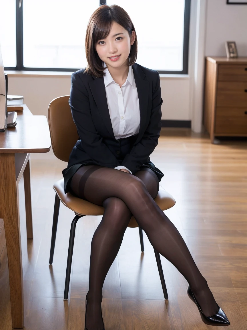 ulzzang-6500-v1.1, (Raw photo:1.2), (Photoreal),  (See-through:1.3), (genuine: 1.4), Office lady sitting cross-legged on the desk, wearing a strict suit, wearing a strict business suit, (super realistic pantyhose:1.3),  reluvy5213, sakimichan HDRI,  to NFSW、smile of shame、