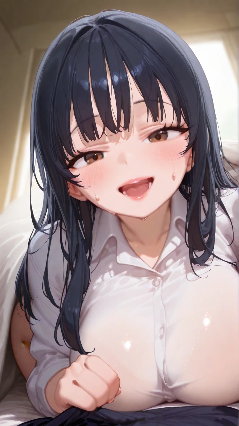 1girl, pov across bed, bed invitation, lifting covers, male pov, open mouth, wide smile, round butt, big natural breast, smilling, lips, looking at viewer, happy, cute, anna yamada, long hair, bangs, black hair, brown eyes, shirt, school uniform, white shirt, collared shirt, sweatdrop