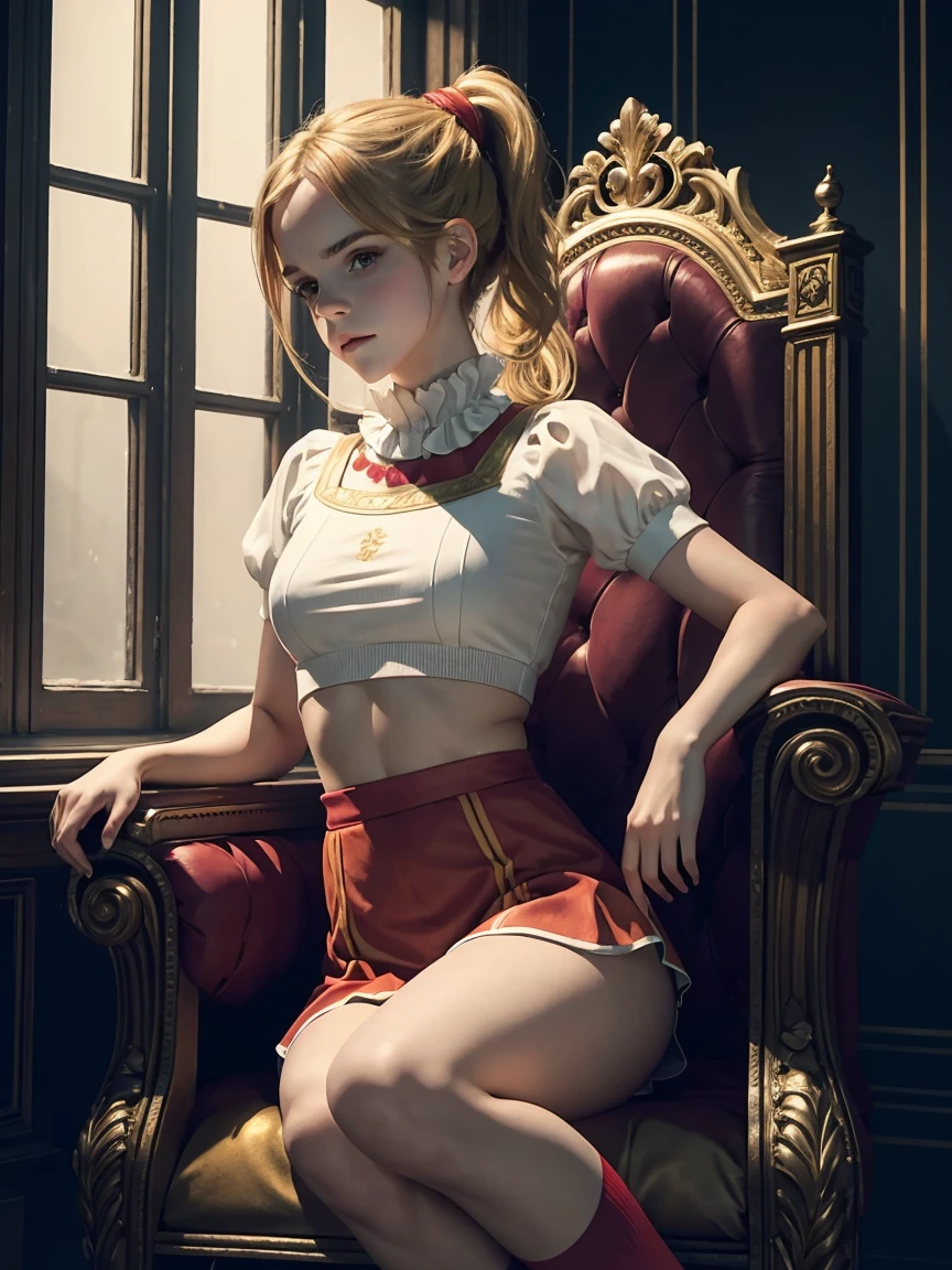 masterpiece. a beautiful two girls emma watson dressed as girl clown. blonde, ponytail, faint smile. intricate tight short uniform, crop top, red socks. dark ambient. on a royal throne.