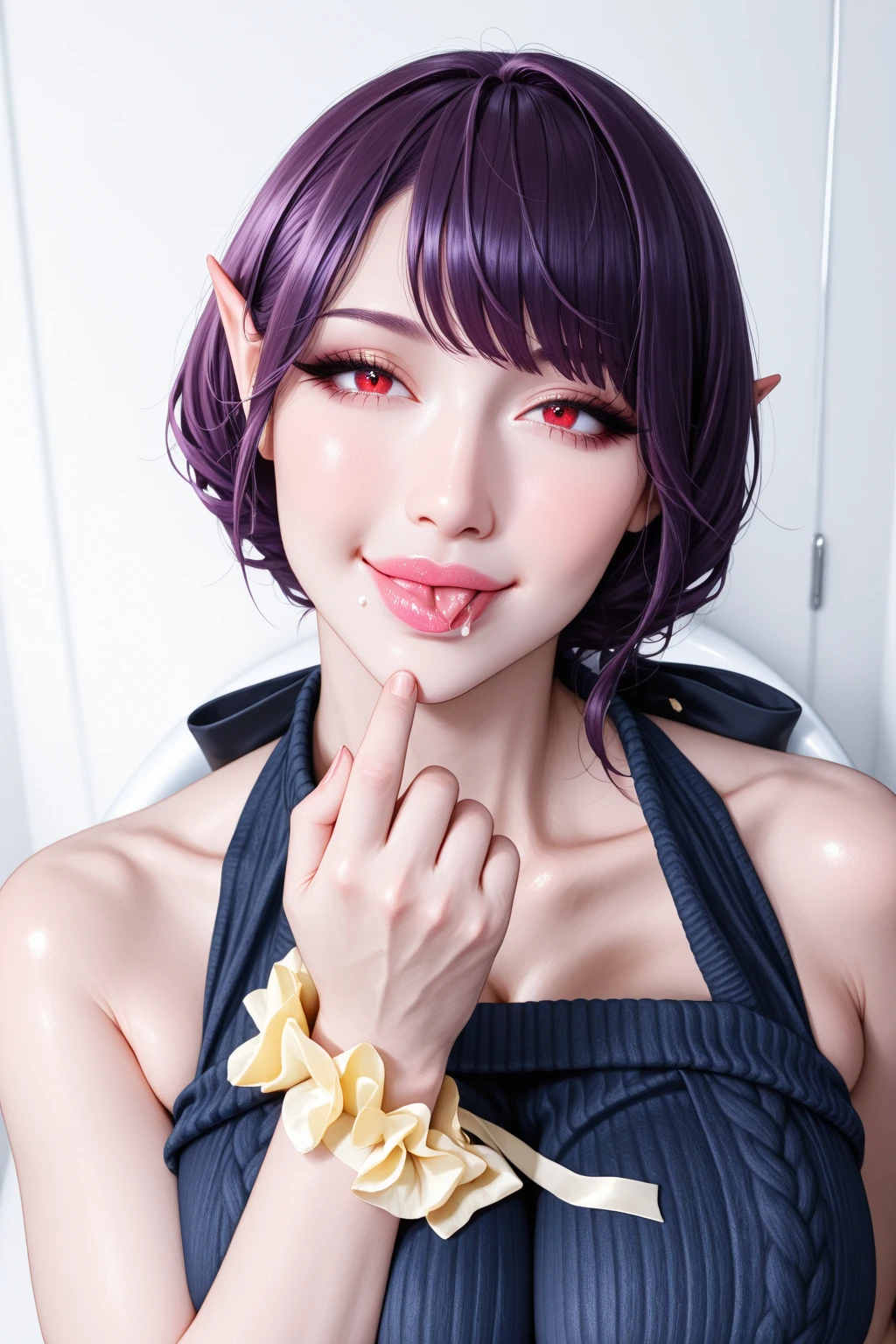 Beautiful young girl, black hair, bob haircut, short hair, beautiful pink eyes, pink glowing eyes, ((pink eyes:1.8)), (eyes glowing pink), beautiful face, looking to the viewer, (cute-smiling), (expression of ecstasy), vampire fangs, ((vampire fangs:1.5)), vampire teeth, (vampire teeth), raw photo, 8k, high detailed, ((in the swimming pool:1)), purple see through slingshot swimsuit)), ((big boobs)), textured skin, (high detailed skin), ((detailed-fingers)), detailed fingers, big boobs, ((seductive poses)), perfect body, perfect face, (detailed background), night time, (pretty girl), short elf ears, ((short elf ears)), ((small elf ears)), small elf ears, small pointy ears, ((small pointy ears, face forward, dim lights, cityscape at night, night sky, (night sky:1), purple see through slingshot swimsuit, sexy poses, naughty poses, feeling aroused, lying on the water of the swimming pool, poolside background, one nipple,