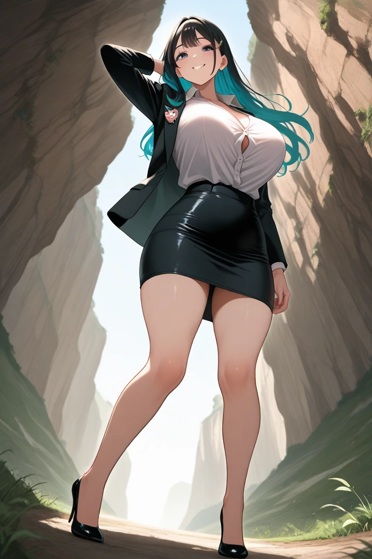 (masterpiece), best quality, expressive eyes, perfect face, 1girl, solo, huge breasts, , blunt bangs, hourglass figure, milf, mother, long hair, wavy hair, (light blue hair BREAK light blue eyes BREAK) lipstick, :/, closed mouth, hike, mountais, mountainous road, rocks, from behind, looking back, big butt, blue shirt BREAK yellow shorts BREAK short sleeves