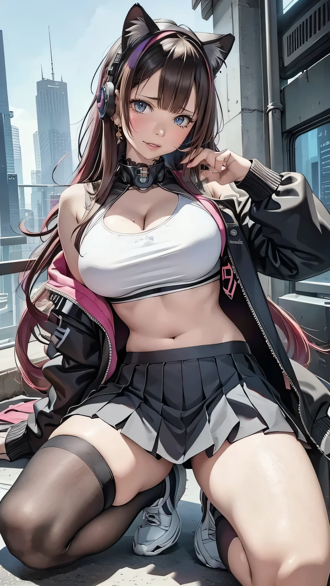 ( Cyberpunk Theme ), 20-year-old woman, Perfect Face , deep neckline , Big Breasts, glamour body, Rainbow Color Super Long Hair, pleated mini skirt, Knee High Socks , T-shirt, Jacket with Mecha , overhead headphones with sensors, Put on big cat ear , Beautiful cityscape, ( reality:1.35), random active poses