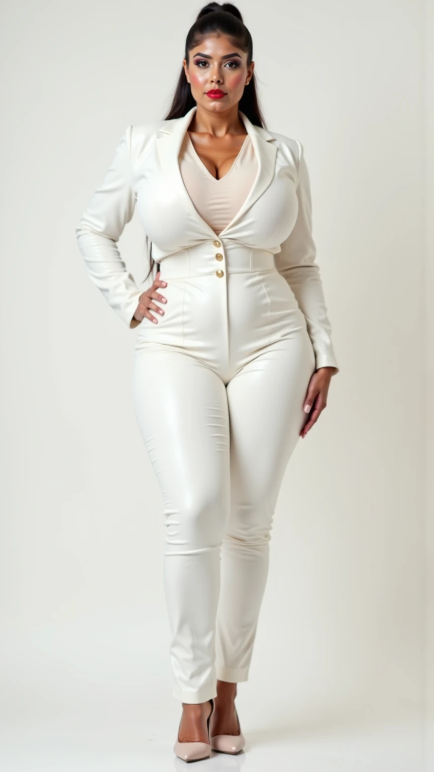 Fat woman, 40 years old white Caucasian woman, big hips, trick thighs, busty cleavage, fancy dressed for a party, jacket, shirt, pants, necklace, earrings, public bathroom, full body picture, MILF, long straight blonde hair, elegant hair, make-up, lipstick, serious, chubby, bbw, small lips
