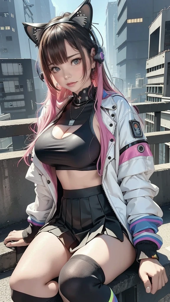 最high quality、best image quality、masterpiece、teenage girl((18-year-old、 By becoming、vest bust、medium bust,wide open breast tea、black eye, pink hair、long hair、thin,highest valley、toned chest、Have a smartphone、Selfie Pose、Kick Pose、red hat、Multicolored shirts、Damaged jeans pants、knee high boots)),high quality、beautiful art、background((cyber road at night)),debris flies、Depth of written boundary、movie、visual art、perfect art、8K,genuine