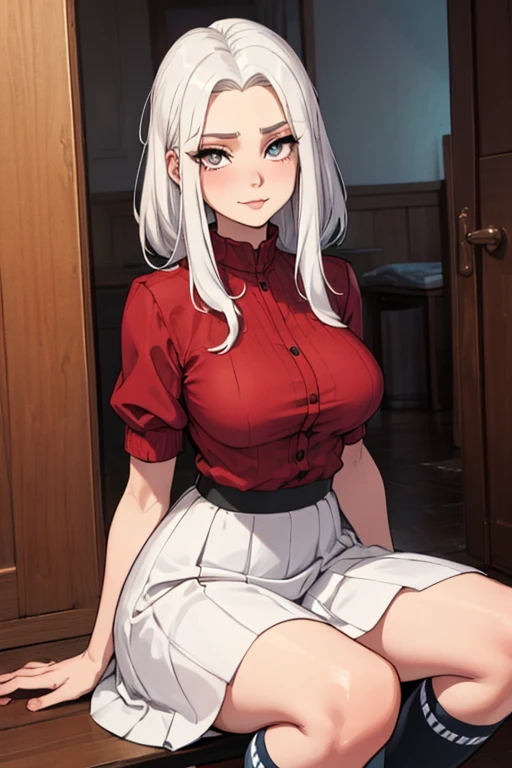 Superior quality, Masterpiece, ultra high resolution,NSFW anime illustration of an older woman with white hair with a long braid, gray eyes and lips, painted lips, she wears glasses and wears a white shirt and a very long brown skirt, her tits are very big, she has some wrinkles on her face and she is sitting in a room a sofa