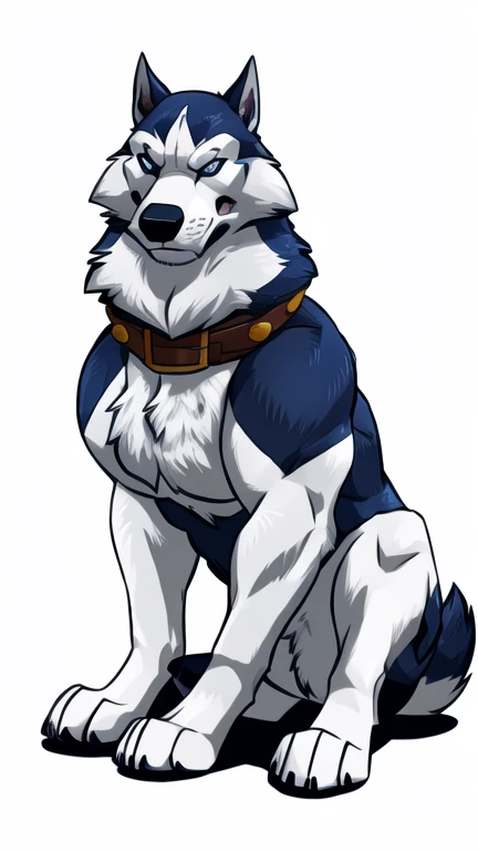 alaskan malamute, masculine, male, feral alaskan malamute, quadruped, feral, very muscular:1.5, tight muscles:1.2, well defined muscles:1.2, pectorals:1.5, muscular forelegs, muscular hindlegs, wide chest, muscular chest, wfa style, detailed eyes, white background, proud, serious expression, full body, wolf feet, big collar, blue eyes, sitting ass butt ass ass ass ass 
