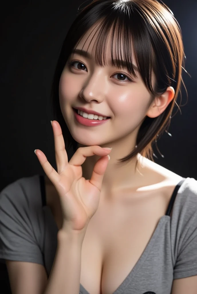 The most beautiful woman who works as a newscaster、with shiny brown hair、Wearing a navy suit、Very enchanting.。She's full of confidence々Smiled at.、toward to the camera。her fashion and expressions、A perfect balance between cuteness and elegance、It draws the viewer in and doesn&#39;t let go.。Through this scene、Express her charm to the fullest。"