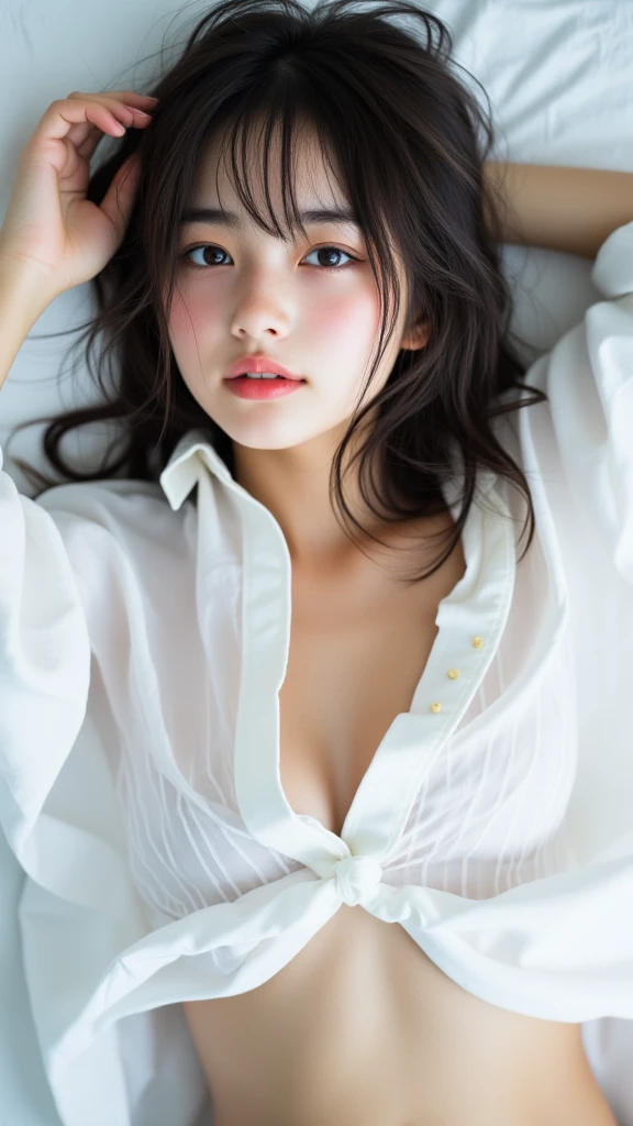 (masterpiece:1.2), Very detailed, Ultra-high resolution, (Realistic, photo Realistic:1.37), High-resolution RAW color photos, Professional photos, Dramatic lighting, Sharp focus:1.2, (Very detailed顔と肌の質感, Very beautiful eyes, Glossのある肌, Glowing Skin, Glowing Skin, Shining Face, Gloss, Oily skin, greasy face, Oily skin, greasy face, 強いGloss), Perfect Anatomy, Very detailed背景, 1 female, 25-year-old woman, Japanese women, (Short Bob Hair, Straight hair, bangs:1.3, Brown Hair), (Lean:Weight 1.0), (Flat Chest:1.5), ((Bedroom)), (((Late Night))), (((Dark pool))), Thighs, ((Functional、Erotic)), ((Functionalな)), Woman close up, ((Glowing Skin)), (((Sleep on your back))), ((Lying down)), (Please raise your hand), ((ダークブルーのFunctionalなワンピース水着)), (White shirt), (See-through), (((undressing shirt))), (((Half-naked shirt))), (Cleavage:1.1), (real Glossのある肌 texture), (Glowing Skin), ((Scary face)), ((Displeased)), ((On the verge of tears)), (((White skin))), Browsing Caution