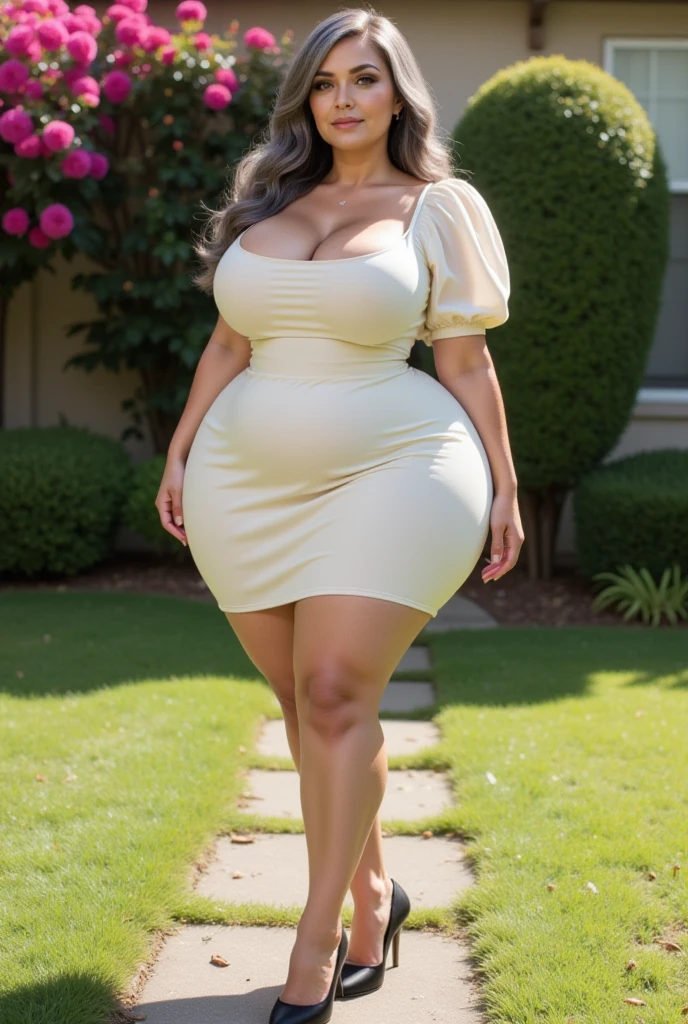 Arabic Woman holiday in bali , curvy body, very detail ,wide hips, loong legs ,thick high, full body in camera, wearing strap wedges, wearing mini sweater dress, long legs,