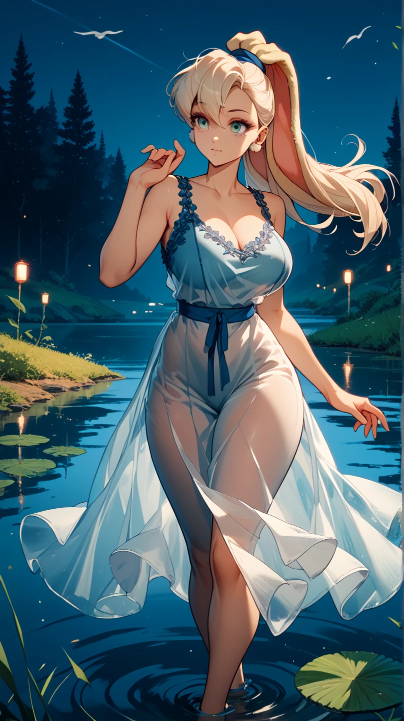Graphics novel illustration, best quality, high resolution, 8k aesthetic, mesmerizing celestial moonlight,
Α field of white flowers. A beautiful young woman in a blue dress hogtied, laying on stomach, feet together, pale blue fishnets, (otm gag:1.5). trees with white leaves rest in the background, bound with blue rope. the cloudy sky breaking to reveal the blue moon. rain is pouring across the landscape as heavy wind blows the white flowers that flood the ground. lightning strikes in the background directly hyper realistic. Epic scene like a dream. Leaves are fluttering around the women. The world is majestic with wildlife showing up to listen.As she lays on a river her dress made of beautifully detailed water. Beautiful masterpiece of art.. beautiful contrast of the light along the water which has an incredible reflection. Laying on water. dress made of water on the female. high aspect ratio. beautiful composition. detailed textures. realistic. beautiful detailed moon.