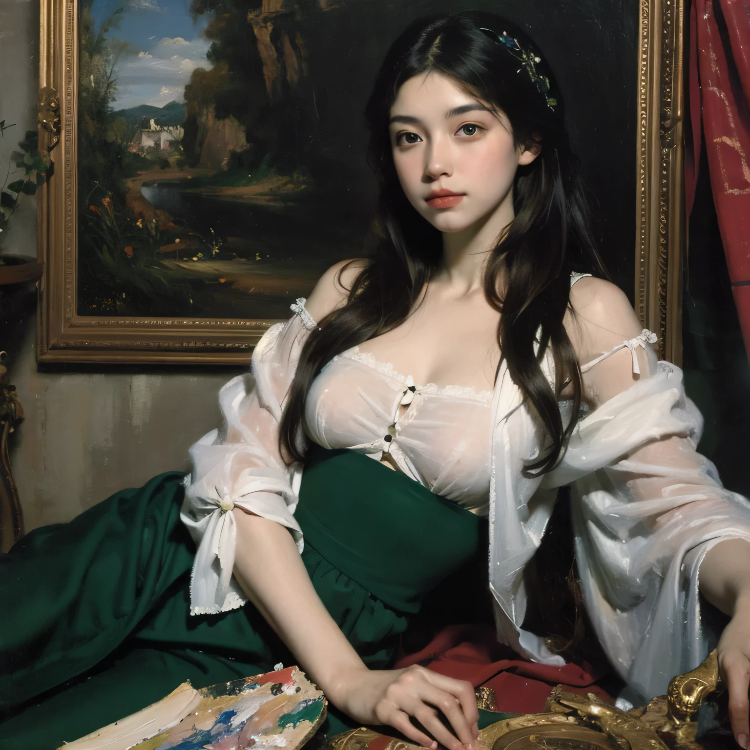 (oil painting:1.5), \\ a woman with (long curtly hair ), ((green eyes)) is lie on the ground in veil, peony, (amy sol:0.248), yellow, with skirt, (stanley artgerm lau:0.106), (a detailed painting:0.353), (gothic art:0.106)
