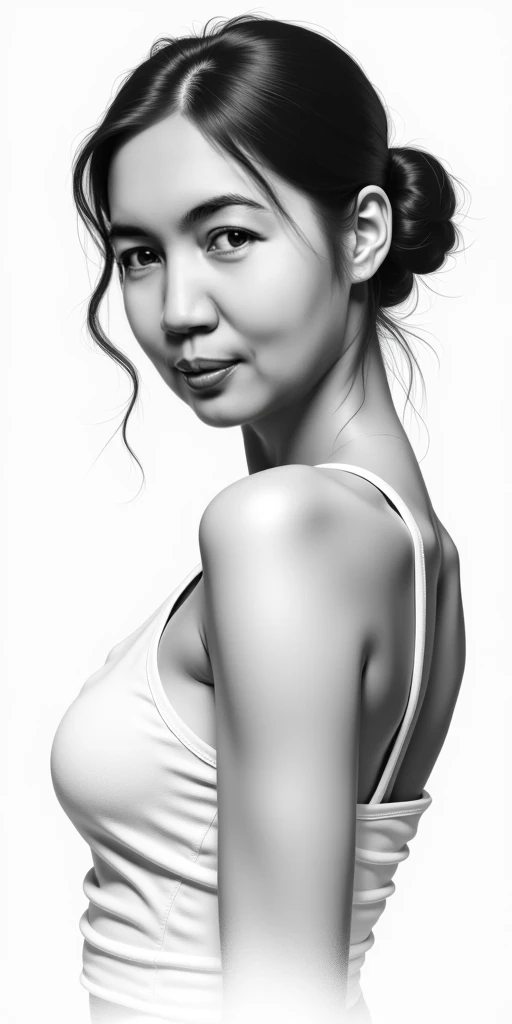 Graphite pencil drawing, 30yo Chinese woman, action pose, full body, without clothes, white background