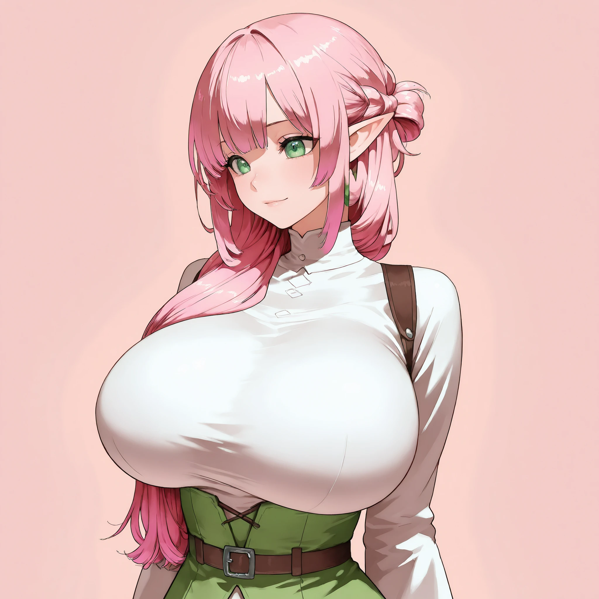 One Girl、Lori、Big Breasts、LoriBig Breasts、Pink Hair、Long Hair、Straight Hair、Ahoge、kind、Green Eyes、smile、Droopy eyes