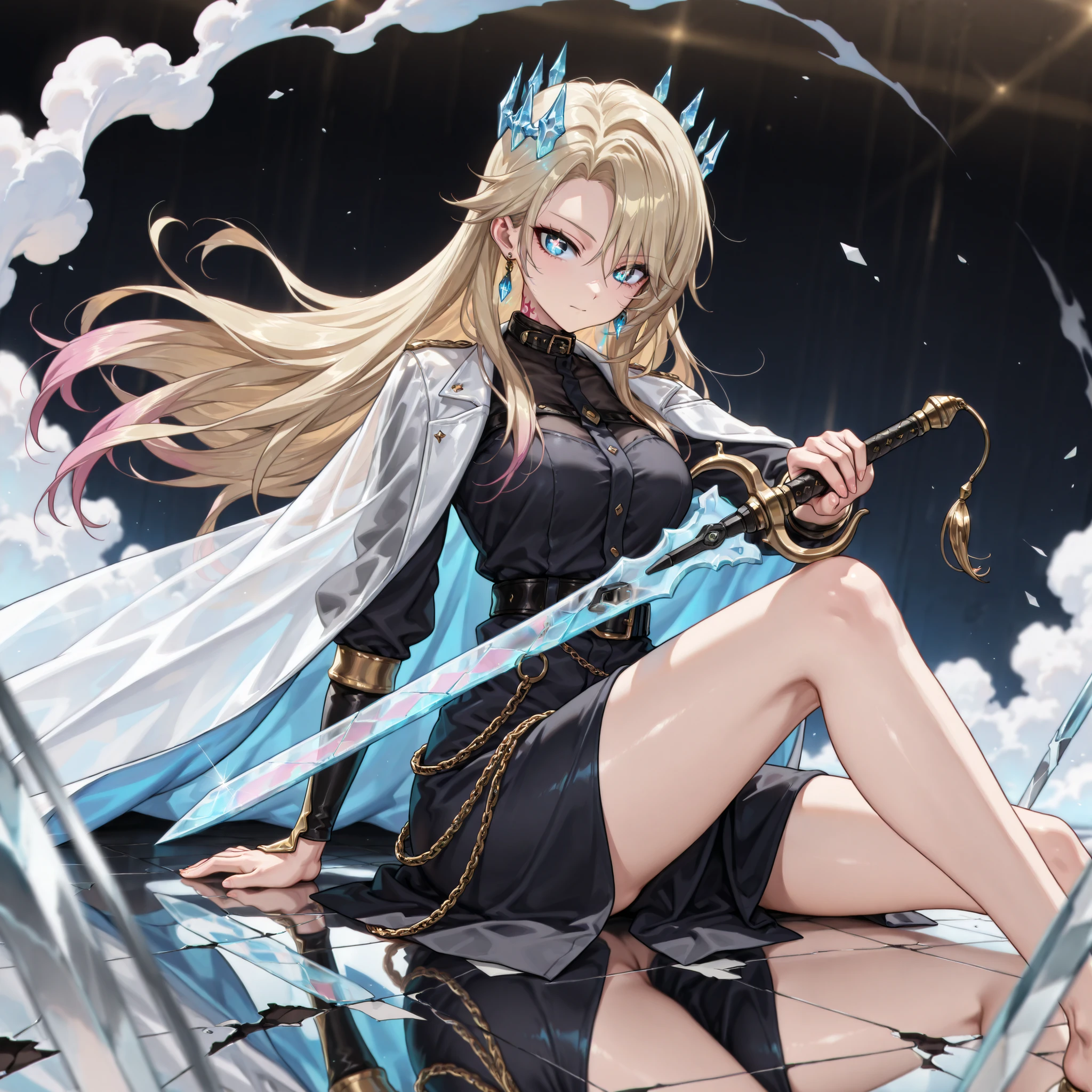masterpiece, best quality, amazing quality, very aesthetic, high resolution, ultra-detailed, absurdres, (hands:-0.22),
1girl, woman, solo, (looking at viewer, three quarter angle, quarter shot, medium shot:1.19), blonde_hair, long hair, blue_eyes, (naon yuno:0.62), defKat, pink hairtips, corrupted mark, neck tattoo, long hair, earrings posing, modelshoot, modelling, memokeeper, crystal floor, (shattered floor:1.33), cracked floor, reflective cape, tidying her hair, stroking her hair, crystal crown, blue flowing energy, glassy water, sitting on the floor, sitting, pulling her knee to her shoulder, cosmic eyes, chains, belt, golden binds, broken paper, broken letters, collar, (translucent sword, gaseous sword, gas sword, smoke sword:1.33),
BREAK, depth of field, volumetric lighting
 