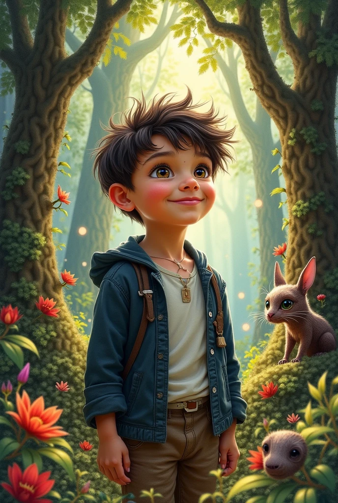 A Jornada dos Pequenos Exploradores: a happy little boy sitting on the floor, na floresta, com uma pequena mochila azul nas costas, blusa amarela, bermuda preta, bota de trilha azul