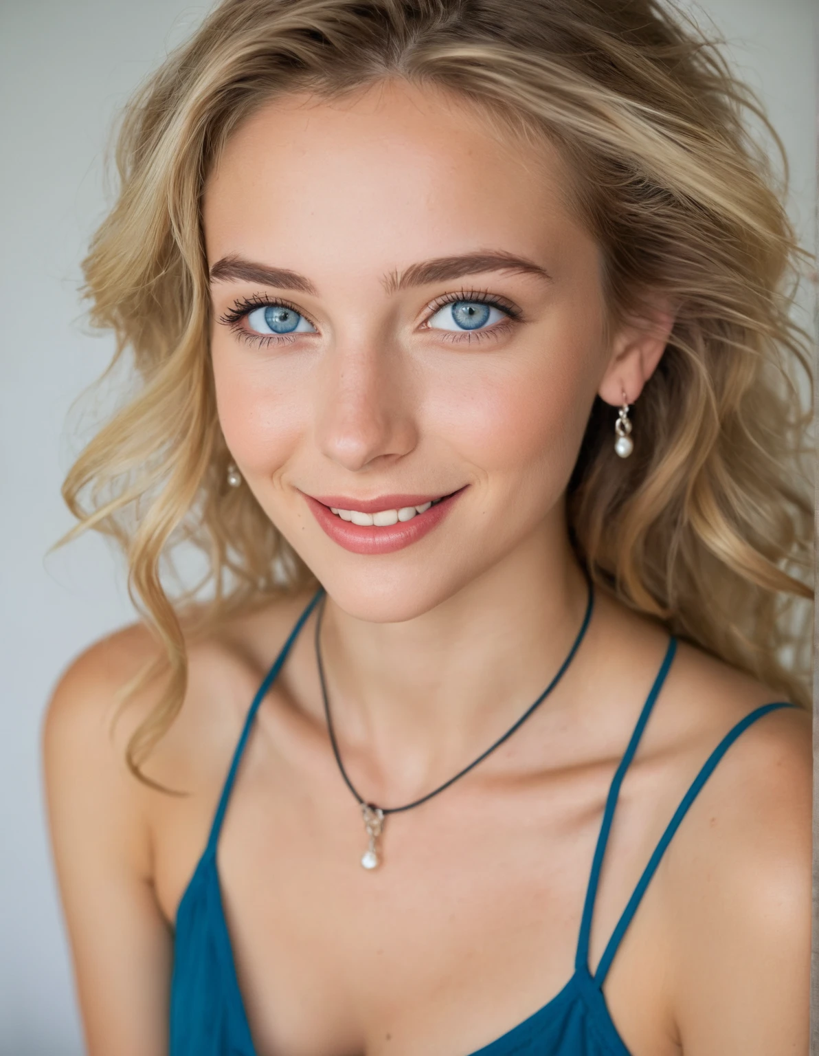 Beautiful young girl 24 years old, One, long hair, medium breasts, pastel blue eyes, watery light blue eyes,Looking at the viewer, blonde hair, bare shoulders, whole body, Necklace, Off the shoulder, short white blouse, lips, Realistic, nose, Flirting with the camera, amazing smile